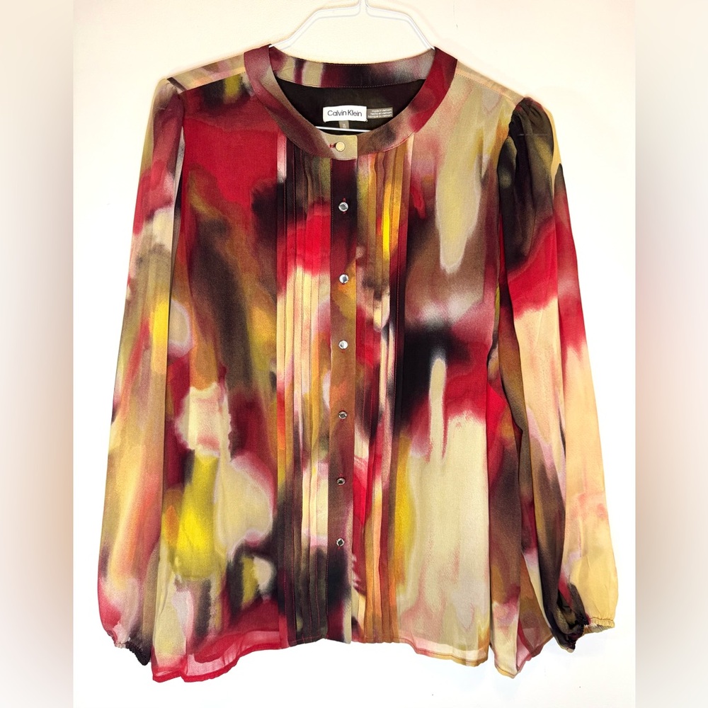 Calvin Klein Red and Gold Graphic Blouse Plus Size Women's 1X - Picture 2 of 10